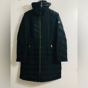 Michael Kors long puffer coat wing high collar two hand zip up pockets black.M